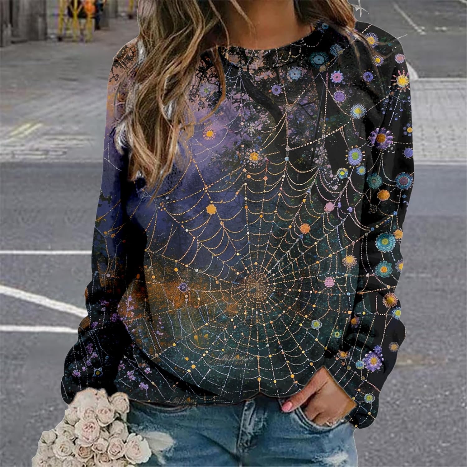 MARSVOVO Fall Sweatshirt for Women Novelty Spider Web Shirt Dressy Casual Crewneck Tunic Tops Spring Graphic Pullover - Image 6