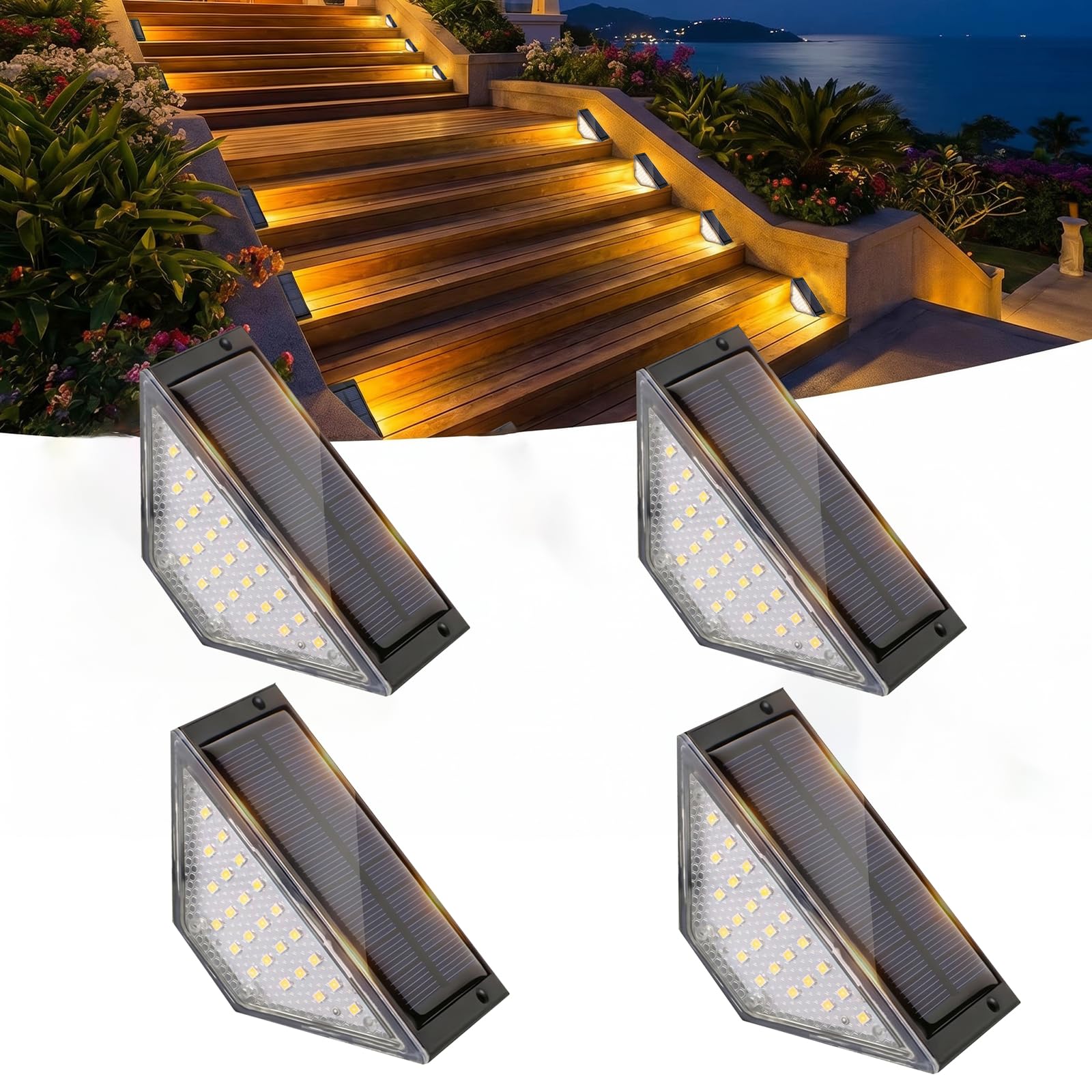 Beuaati Solar Lights Outdoor Garden,4 Pack Solar Step Lights with 24 LEDs, IP65 Waterproof, LED Garden Lights Suitable for Yard Decoration, Patios, Fences, Paths, Steps and Stairs
