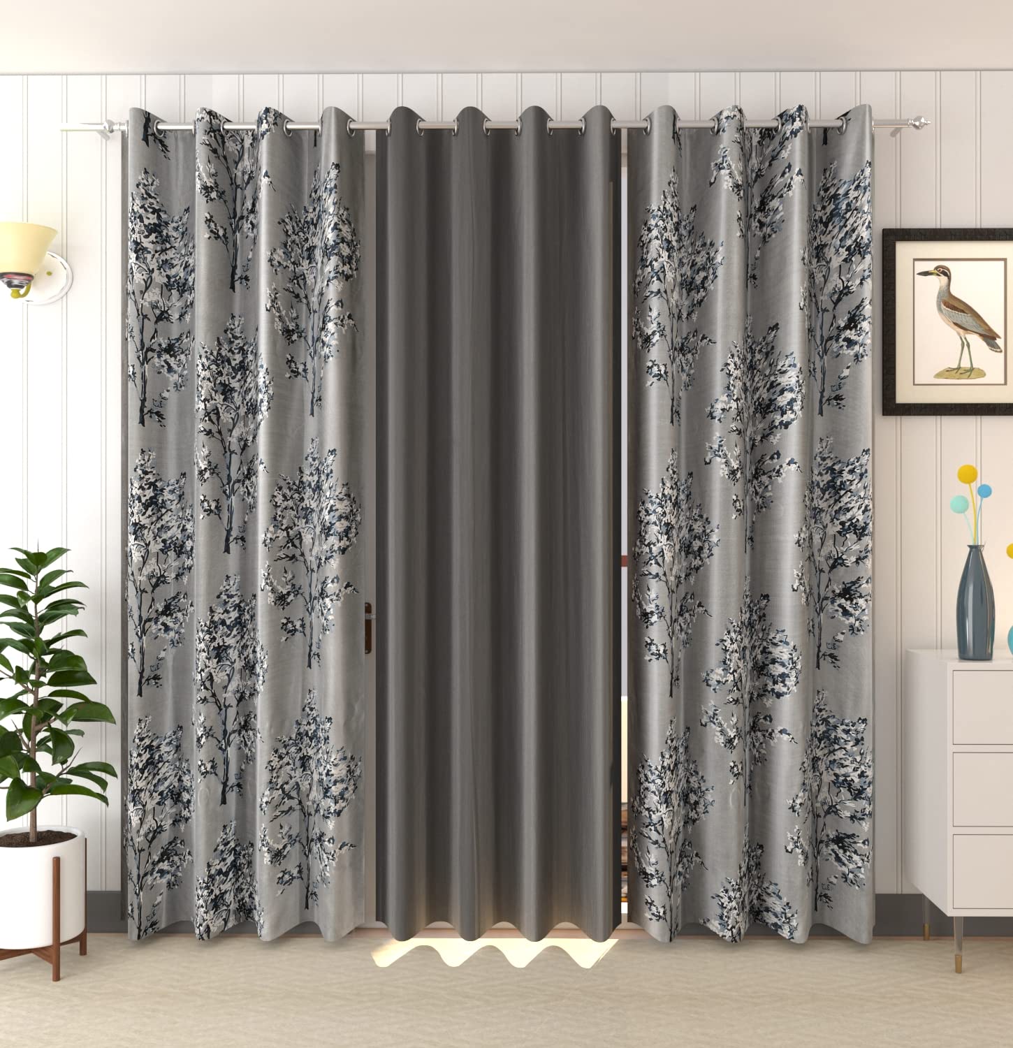 Galaxy Home Decor Premium Polyester Combination Tree Printed Curtains for Long Door 10 Feet, Pack of 3, Grey-picture-10