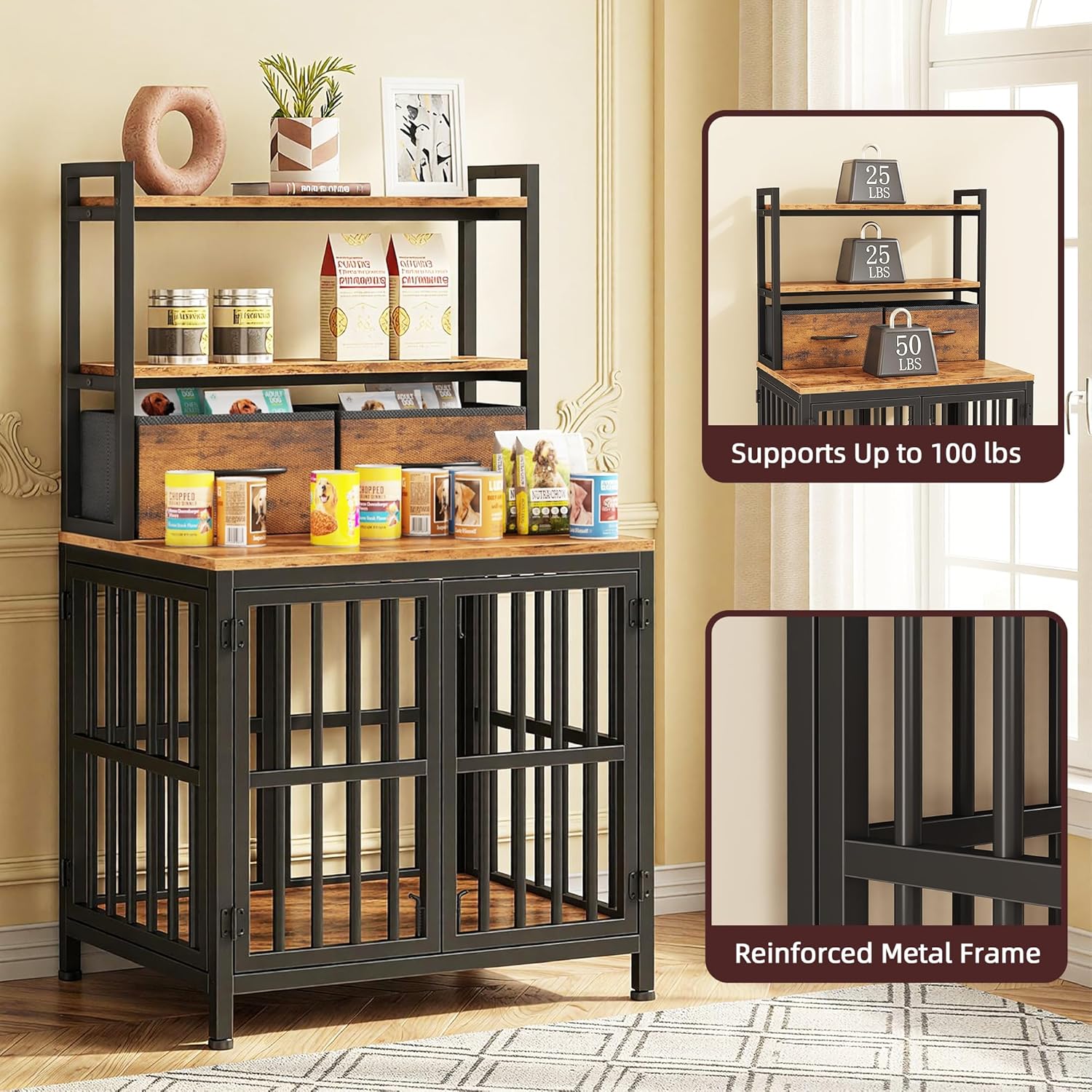 Dog Crate Furniture with Drawer & Shelf, 25.5" Small Dog Crate with 4 Lockable Doors, Indoor Dog Kennel for Small Dogs, Anti-Chew Dog Cage with Storage, Rustic Brown, 43.7" H