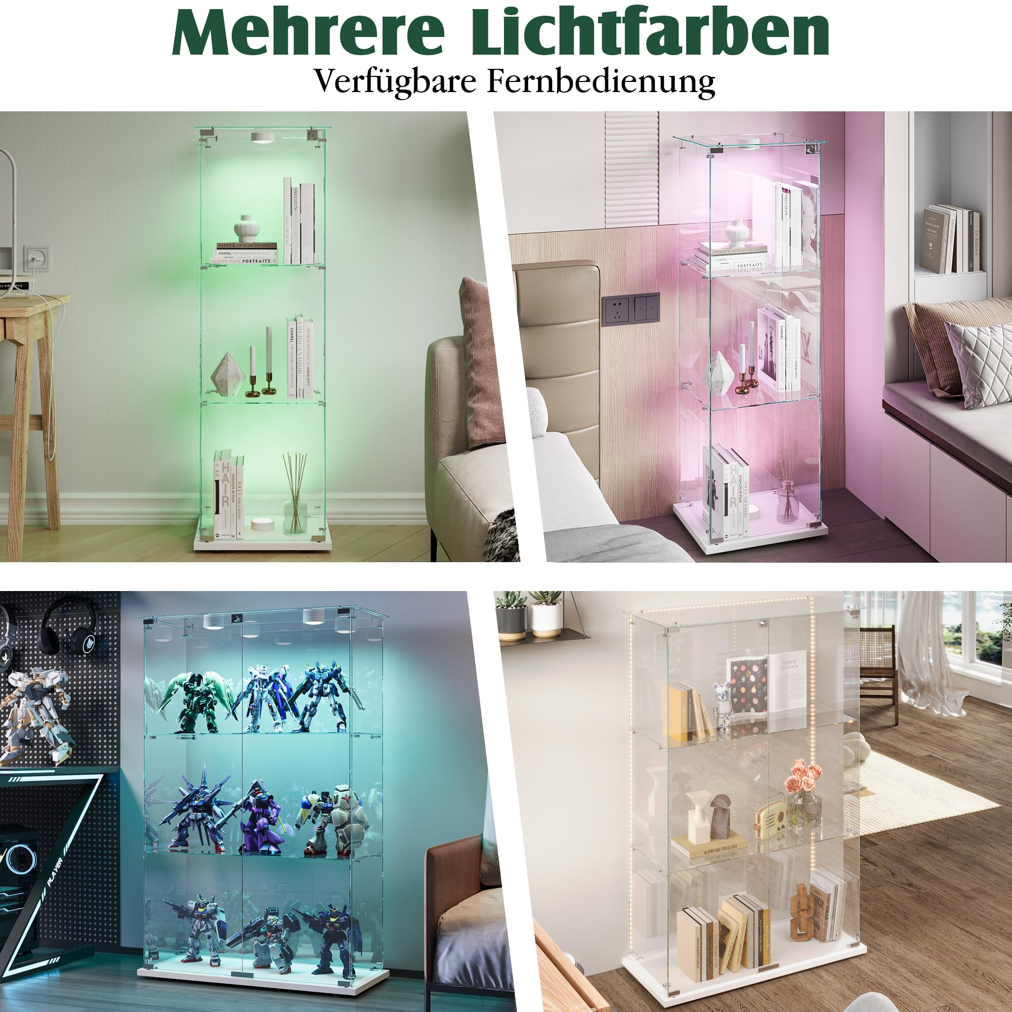 Glasvitrine Standvitrine mit LED, Glasvitrine Stehend mit 3 Lagen Glas, Vitrinenschrank 1 TüR & Schloss Vitrine Glasschrank für Wohnzimmer Büro Sammlerstücke