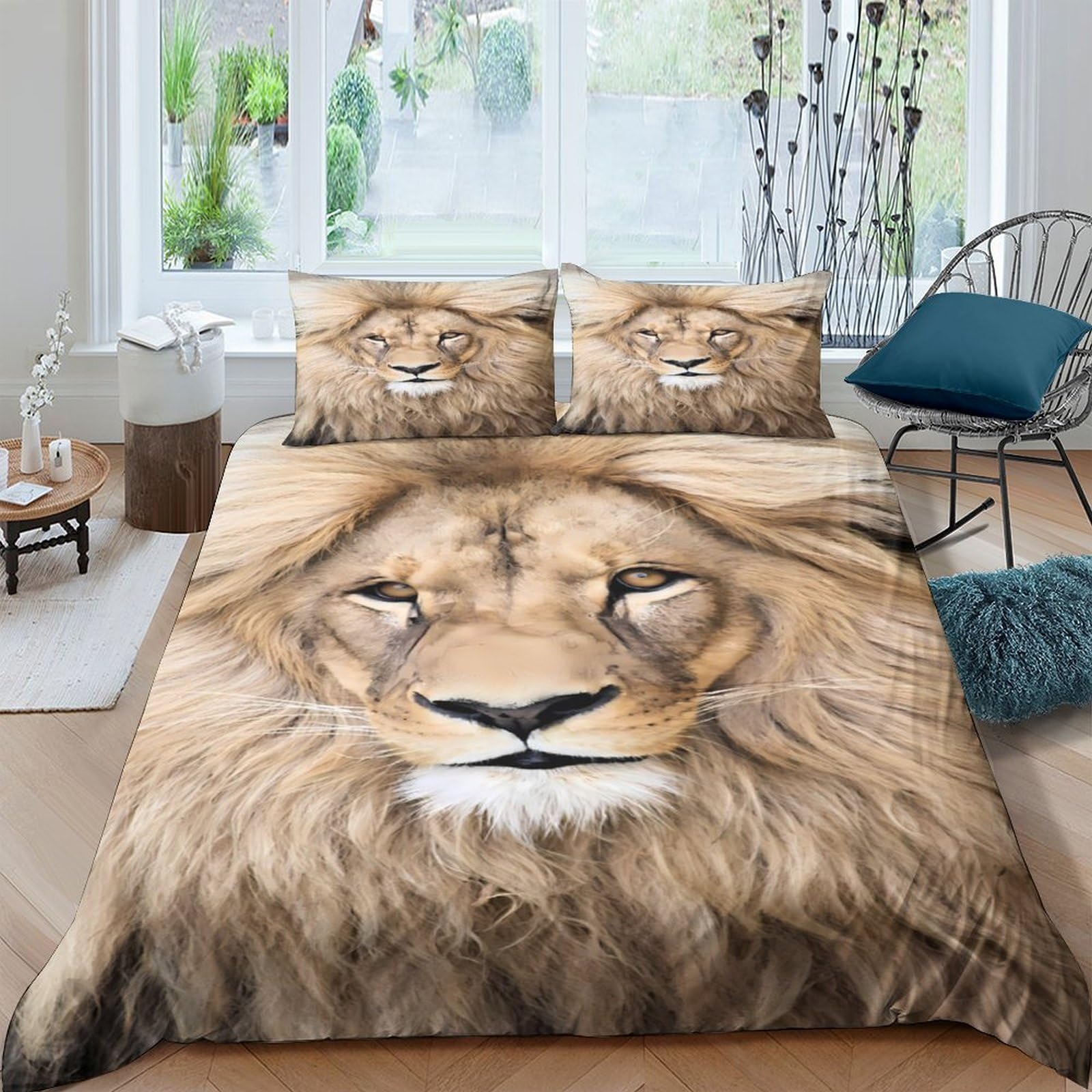3D Printed Lion portrait Duvet Cover Polyester Wild animal photography_ Comforter Cover Hypoallergenic Lightweight Quick Drying Soft Breathable for All Season Bedding Single（140x200cm）