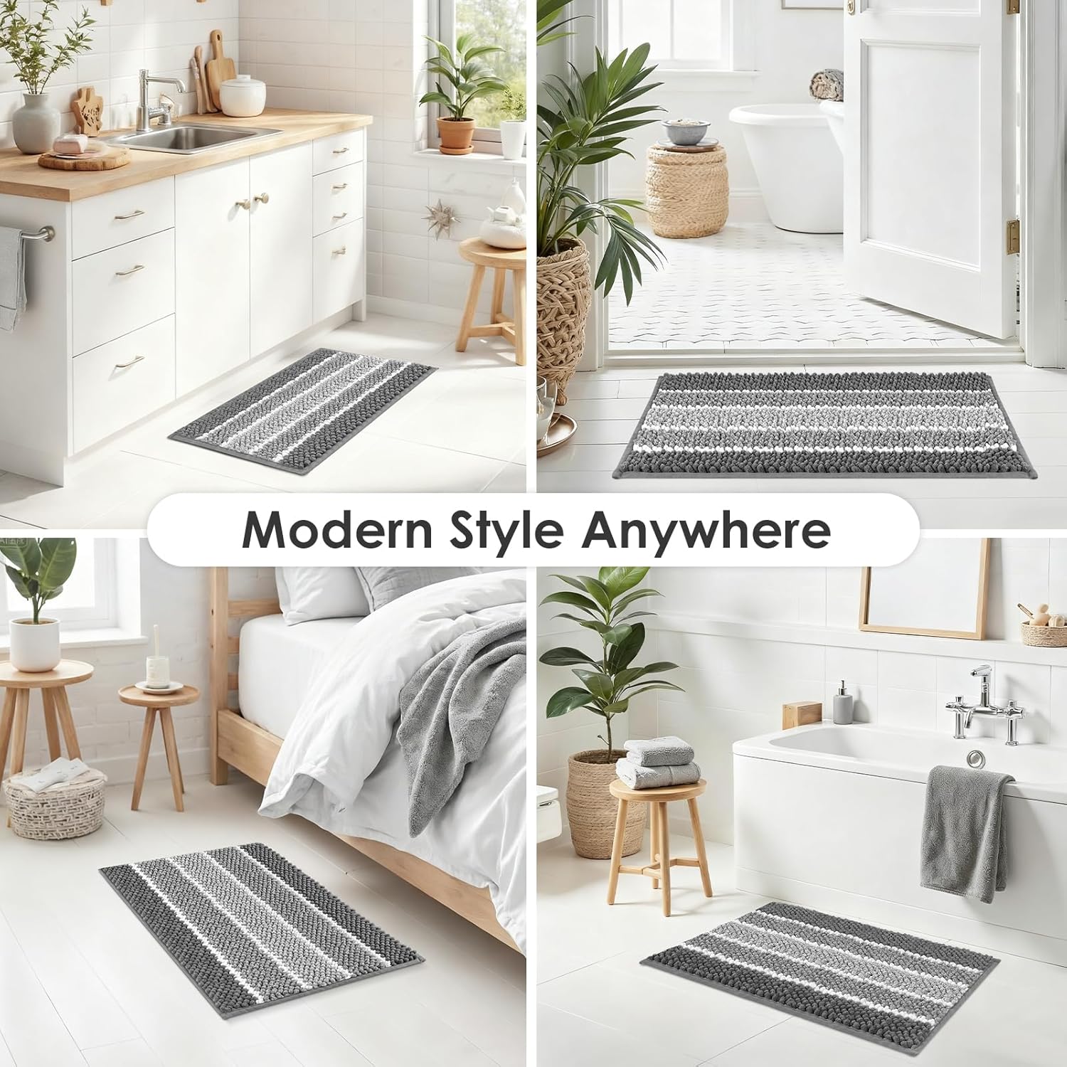 ArtyCozy Chenille Bathroom Rugs 3 Pieces, Extra Thick Absorbent Non Slip Bath Mats with U-Shaped Toilet Rug, Soft Plush Bath Floor Mat Machine Washable, Grey, 17"x24" Plus 20"x48" Plus 20"x24"