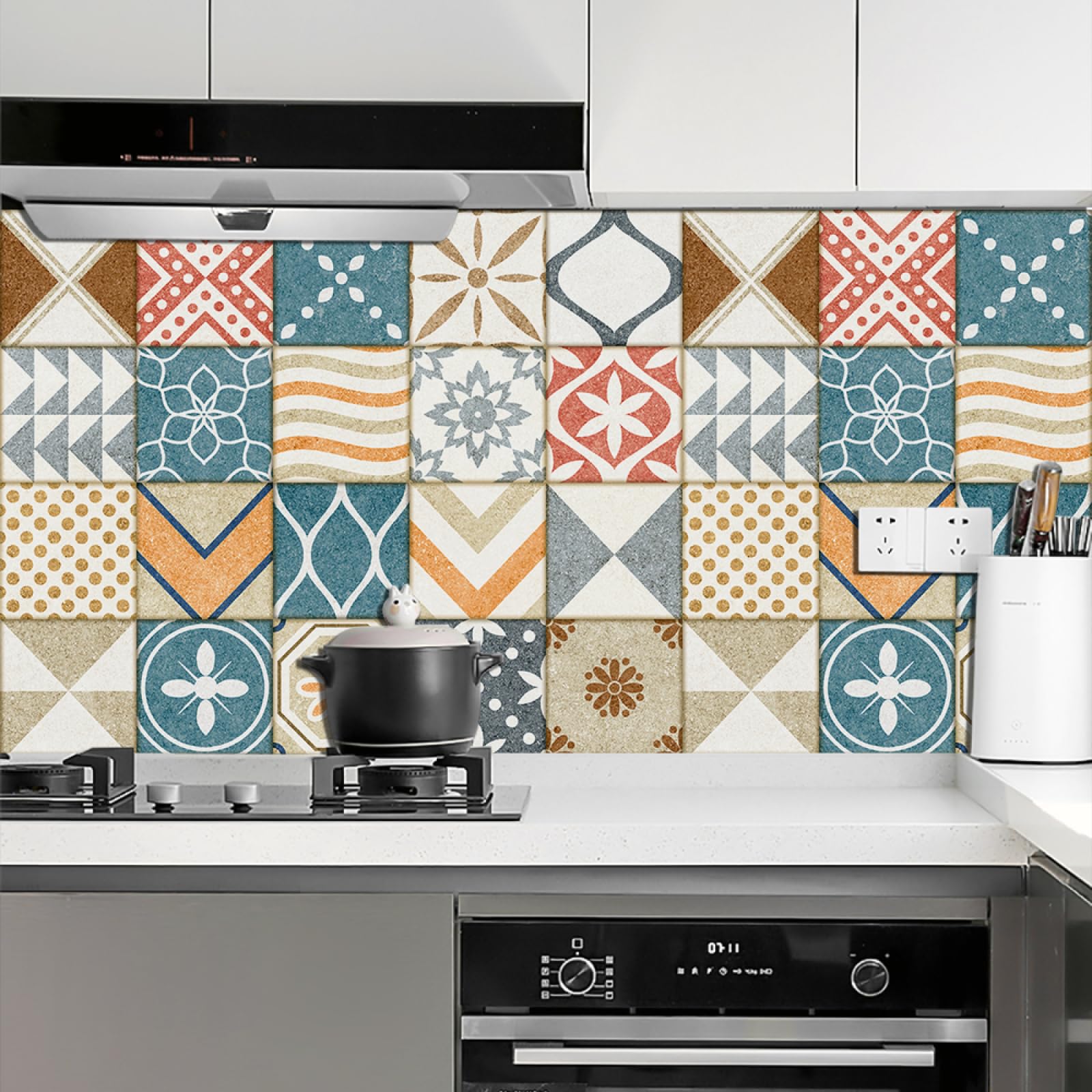 Peel and Stick Wall Tiles Retro Geometric Blue Tiles Self Adhesive PVC Home Decor Backsplash Kitchen Tile Stickers Waterproof Tile Stickers for Bathroom 20x20cm /20 Pcs
