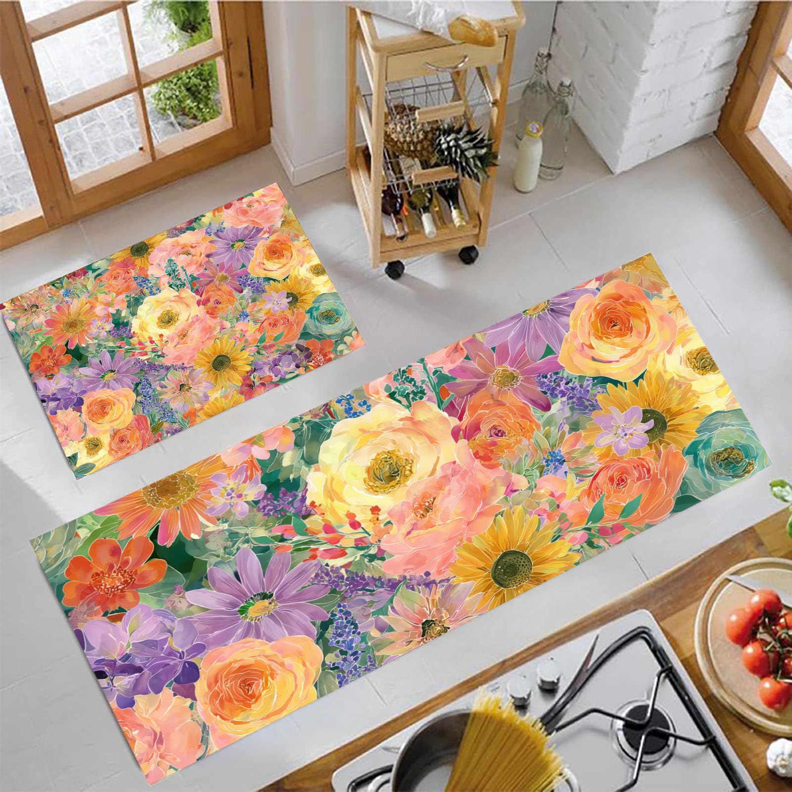 Juegos de 2 alfombrillas de jardín bohemio para entradas y cocinas acuarela