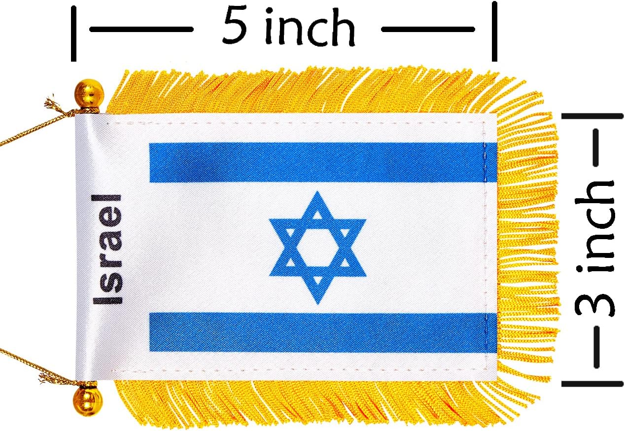 WXTWK 3 X 5 Inch Israel Flag israeli Window Hanging Flag Small Mini Car Flags Banners Rearview Mirror Decoration With Suction Cup Golden Fringy Banner image 2