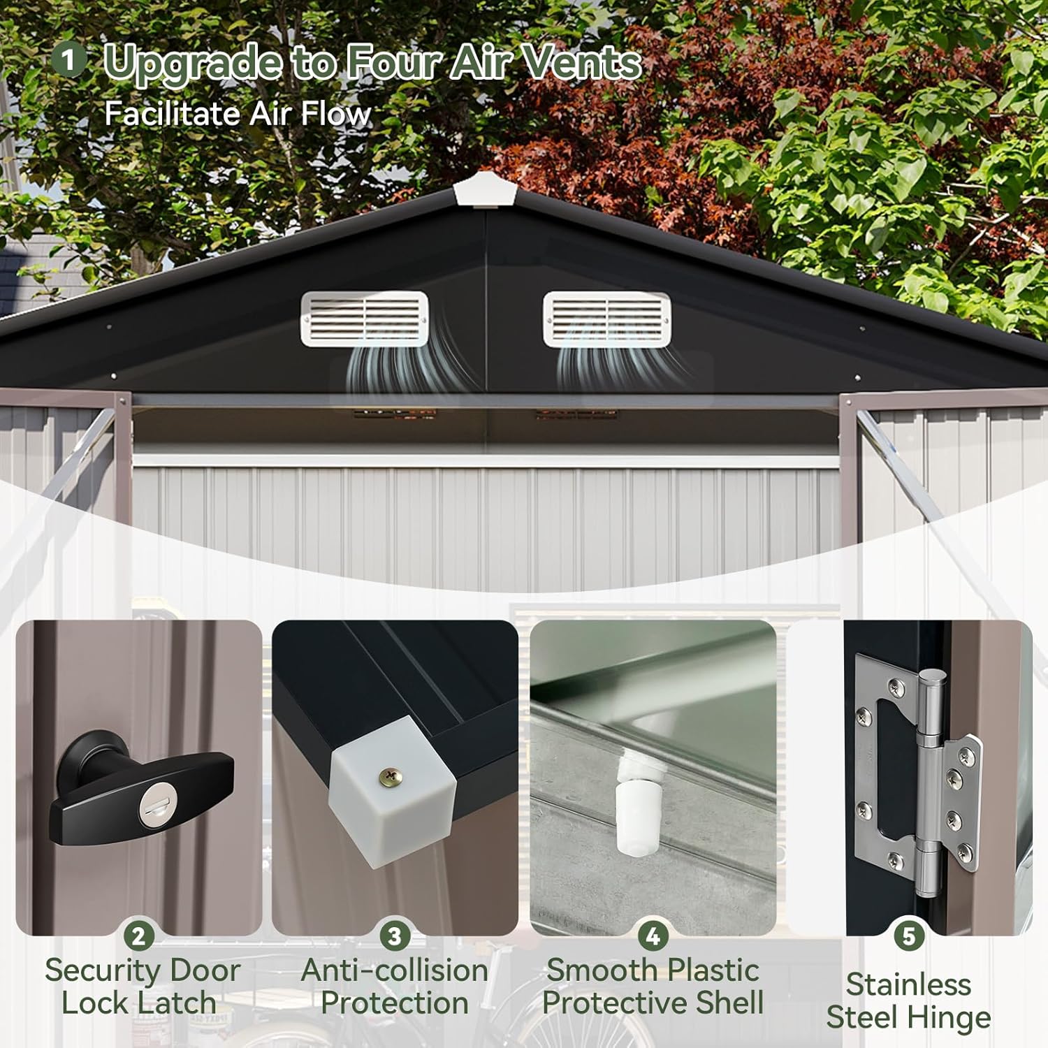 Close-up of shed features including air vents, door lock, corner protectors, and hinges.