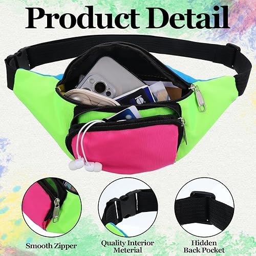 Miniatura 3 de Riñonera de neón de los años 80 con 2 bolsillos, riñonera retro para mujeres y hombres, accesorios de los años 80 con bloques de color, bolsa