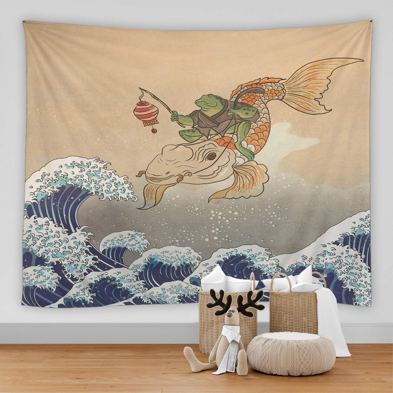 BOYIAN Funny Tapestry Frogs Holding Lantern Sitting on Koi Fish Big Japanese Waves Decor Japan Traditional Painting Vintage Fun Animal Navy Curtain Polyester Fabric Art Decor 80x70 inch