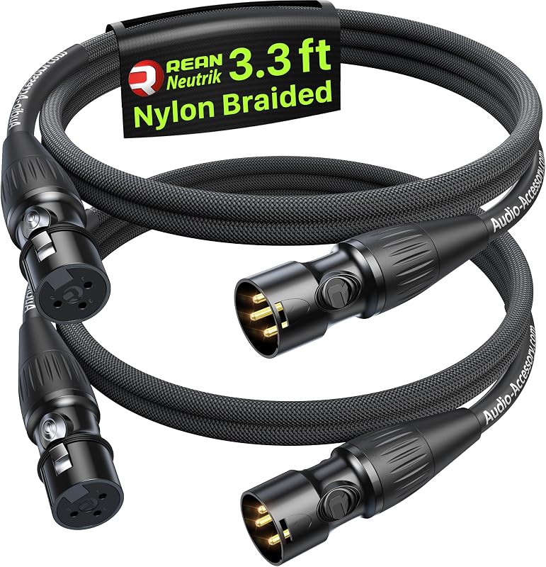 Short XLR Cables 3.3ft 2 Pack, Gold Plated 3-Pin Connectors from Rean-Neutrik Sub Brand, Kevlar-Reinforced Nylon Braided & OFC Shielded XLR Male to Female Balanced Microphone Cord for Mixer, Amp, DAC | Neutrik REAN Gold-Pin Connector, Kevlar-Reinforced Heavy Duty Nylon Braided Noiseless Balanced OFC Microphone Cable for Shure