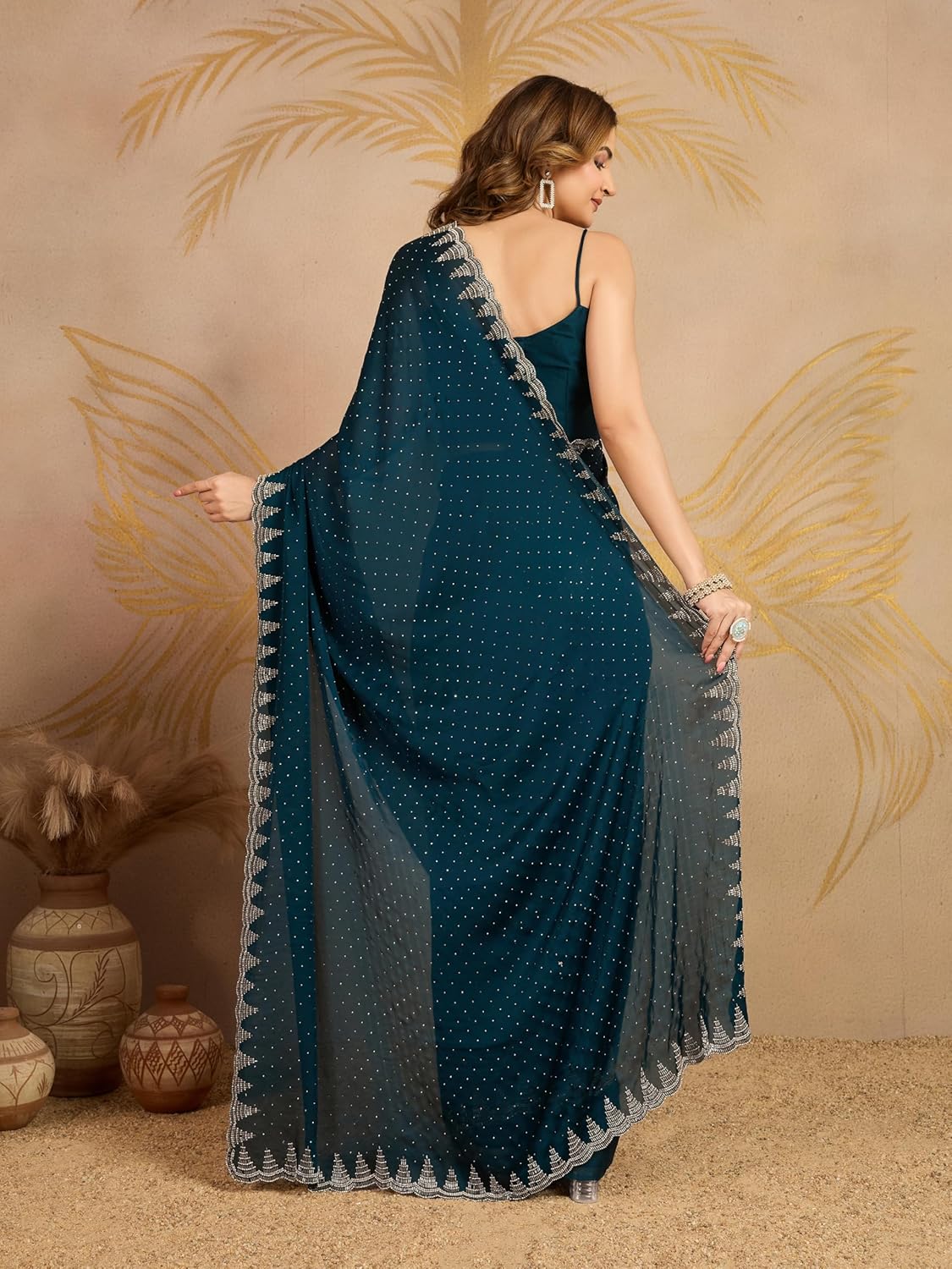 TRENDMALLS Women's Satin Siroski Zarkan Work Saree with Unstitched Blouse Piece