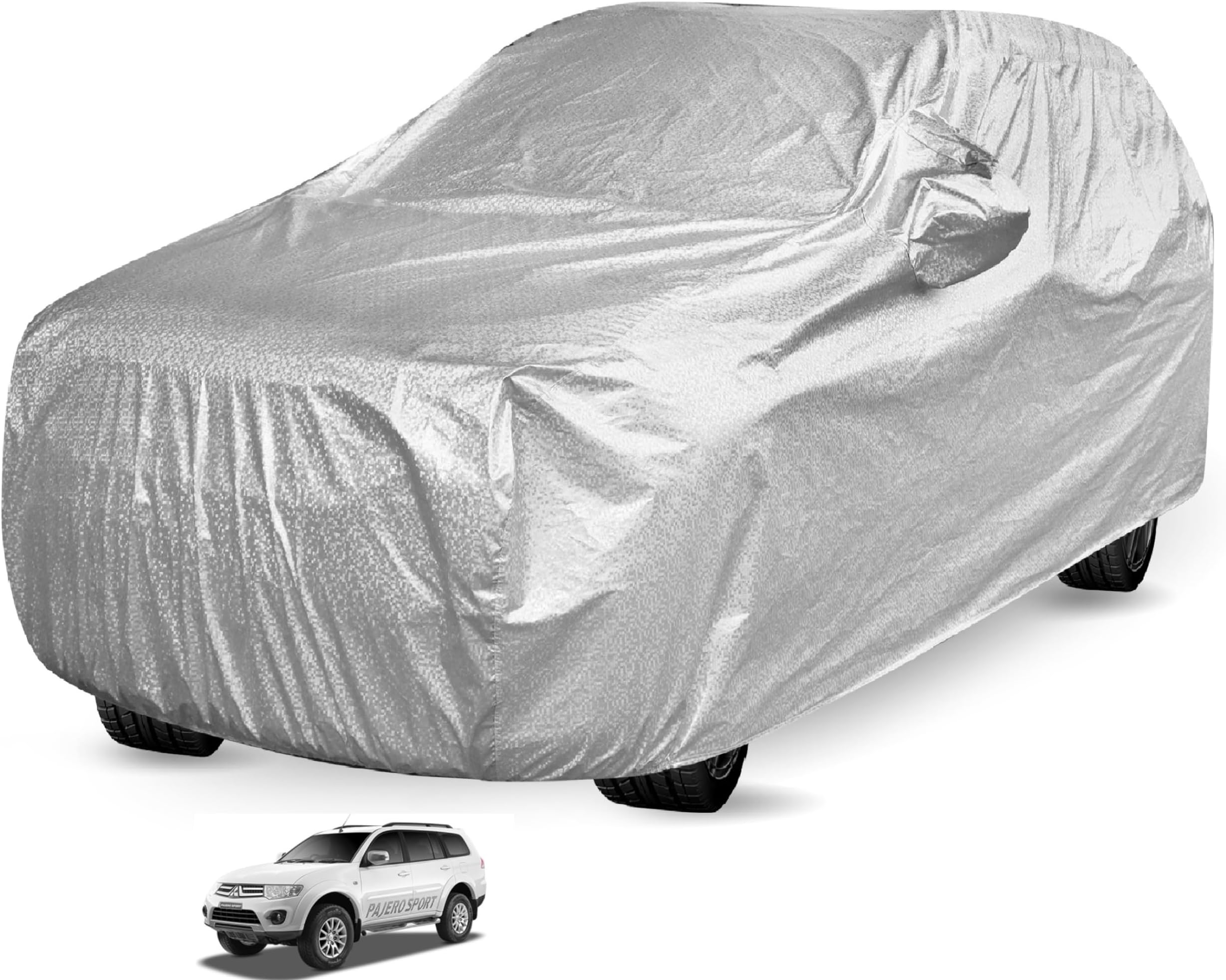 Auto Hub Car Cover Compatible with Mitsubishi Pajero Sport New with Mirror Pocket and Soft Cotton Lining,Waterproof Pajero Car Cover, Metallic Silver
