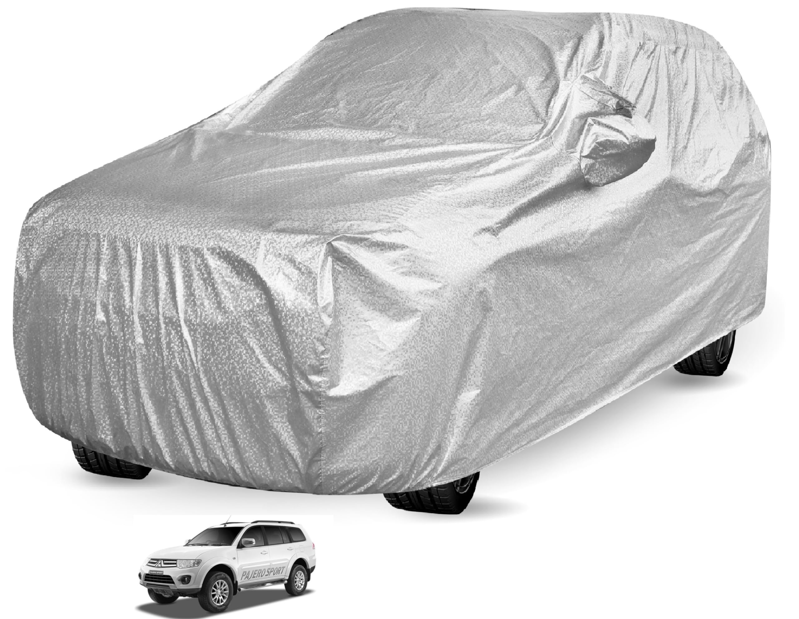 Auto Hub Car Cover Compatible with Mitsubishi Pajero Sport New with Mirror Pocket and Soft Cotton Lining,Waterproof Pajero Car Cover, Metallic Silver