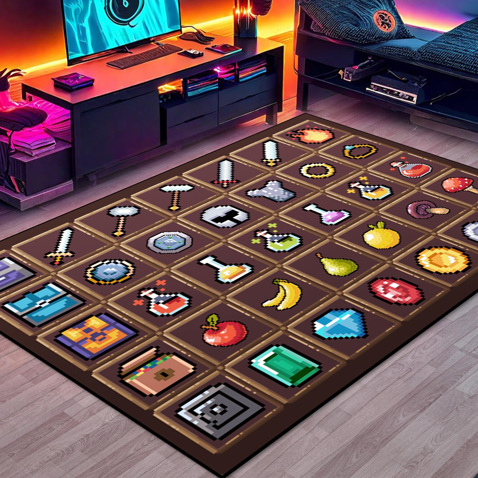 DRVAKO Game Rug Teen Boys Carpet with Pixel Games Element Items Decoration Mat, Weapon Medical Game Rugs for Boy’s Bedroom Living Room Playroom,
