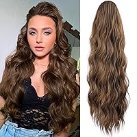 Vista 8 de Extensión de cola de caballo con cordón negro, 26 pulgadas, onda natural, resistente al calor, con clip, extensión de cola de caballo