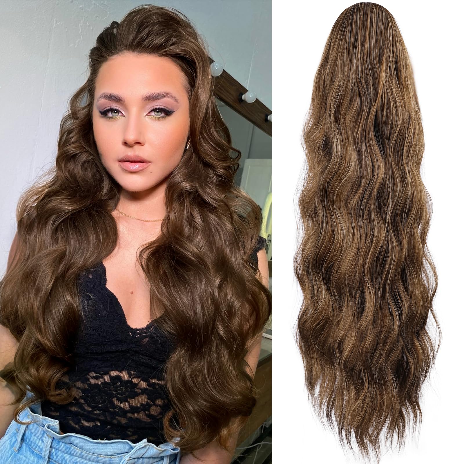 FREEMEIGE Women's 26 Inch Long Wavy Synthetic Ponytail Extension, Medium Brown Mix Natural Blonde