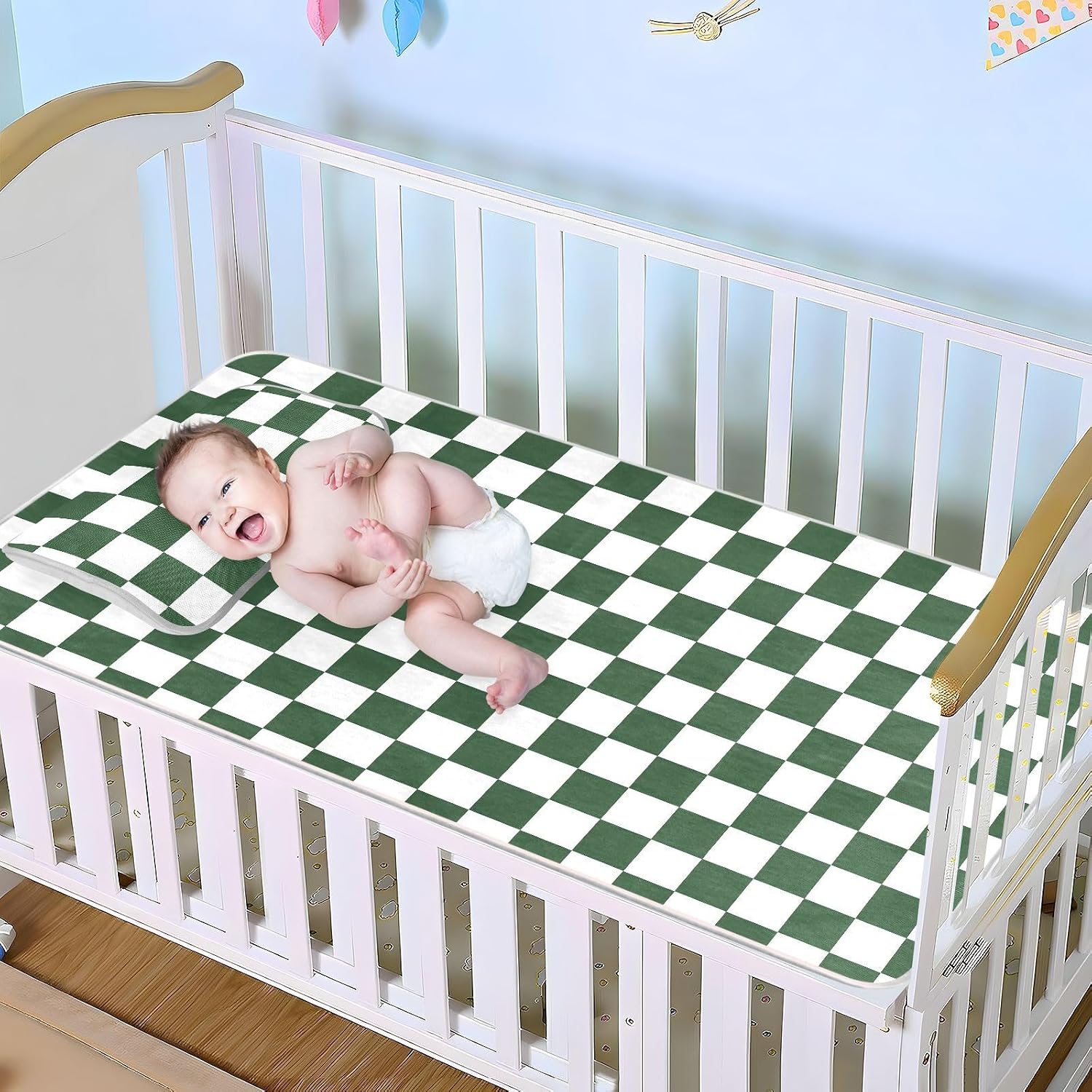 Cooling Baby Fitted Crib Mattress 28" x 52" Breathable Plaid Checkered White Dark Green Pee Pads for Baby&Toddler