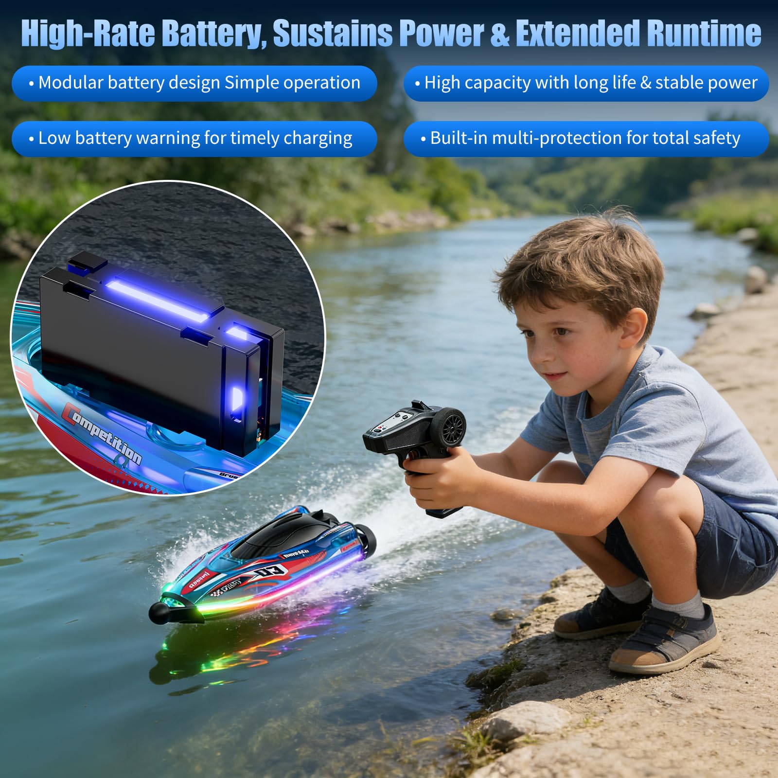 Teledirigido Barco Brusstenless, 2,4 GHz RC Barco con Cool Luz LED | Boat de Carreras Alta Velocidad, Baterías modulares, Impermeable y Anti-vuelco, Juguete de Agua Ideal para 6+ Niños y Niñas