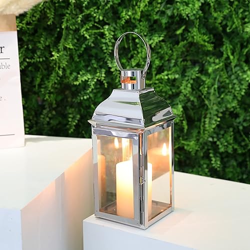 Miniatura 6 de JHY DESIGN Faroles decorativos plateados de 12.5 pulgadas de alto acero inoxidable con vidrio templado para interiores y exteriores, fiestas y