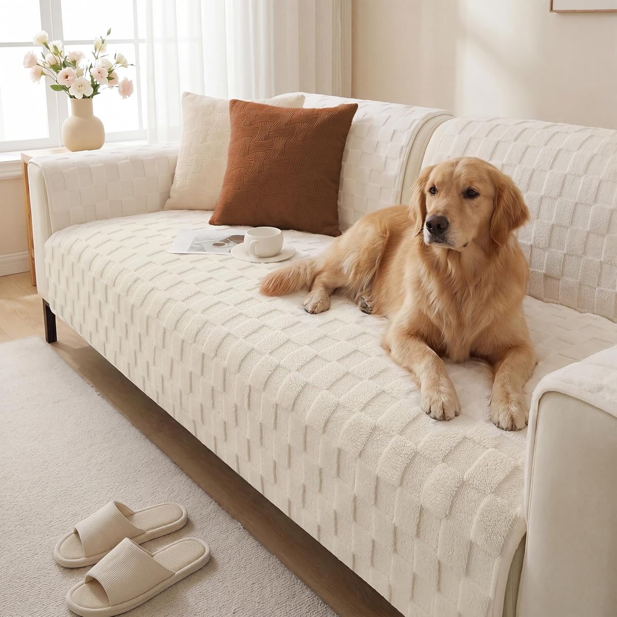 Foxdecor Couch Cover for Dogs Sofa Covers Non Slip Couch Pad Pet Friendly | Pet Couch Covers Washable Sofa Protector, Furniture Cover Couch Seat Protector for Living Room, Cream White 30x70 Inch