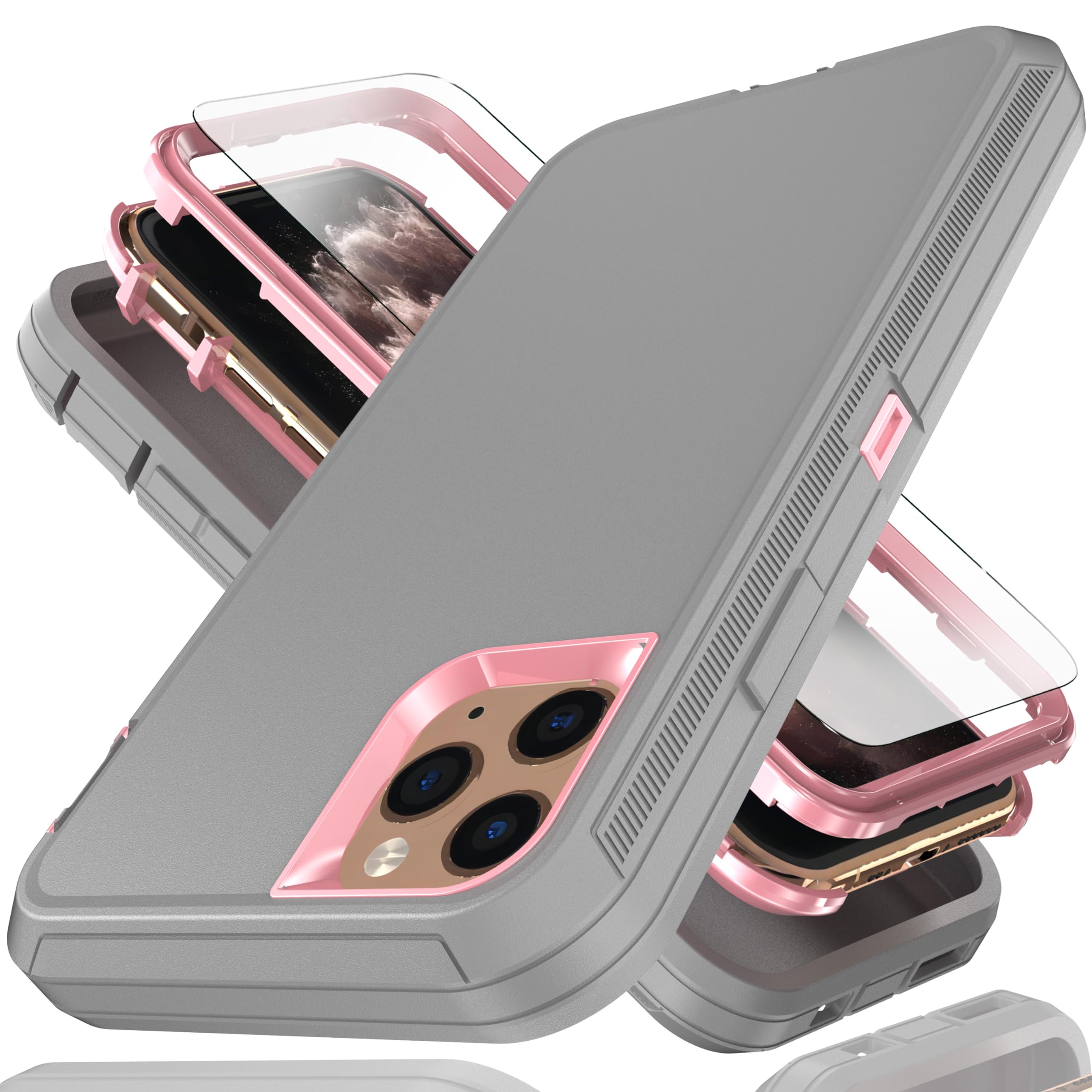 YmhxcY for iPhone 11 Pro Max Case 6.5-Inch with Explosion-Proof Screen Protector,3 in 1 Shockproof TPU Hard PC Bumper Drop-Proof Shell for iPhone 11 Pro Max-Gray/Pink