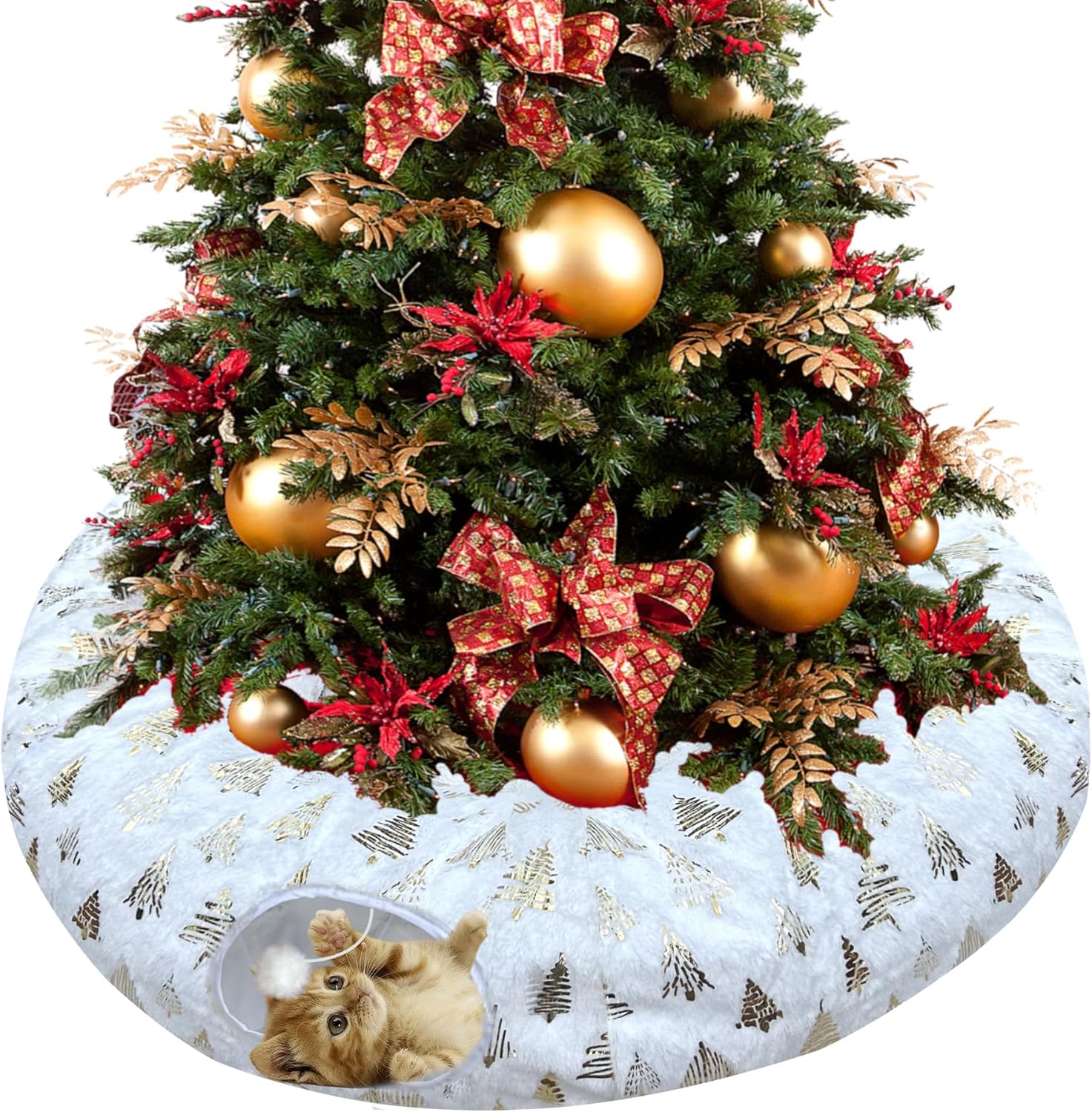 LUCKITTY Warm Fluffy Plush Christmas Tree Pattern Cat Tunnel Bed Under Christmas Tree with Premium Gold Foil & Hanging Plush Ball, 10-Inch Diameter 3-Ft Wide Round - Divert Cats from Decor White