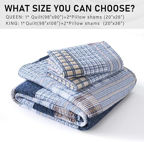Miniatura 6 de PERHOM Edredón tamaño Queen Juego de edredón 100% algodón Queen, acogedor juego de ropa de cama de retazos a cuadros tamaño Queen, colchas