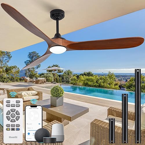 Miniatura 10 de Ventilador de techo para exteriores de 60 pulgadas con 3 varillas descendentes, ventilador de techo inteligente de madera compatible con Negro