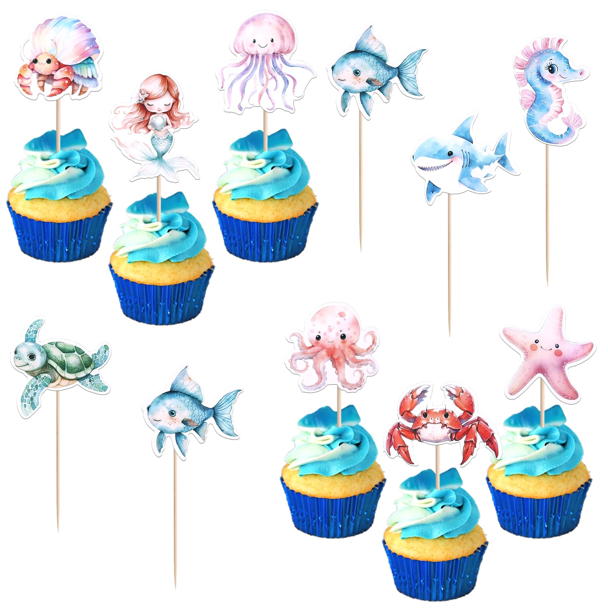 40 PCS Ocean Animal Cupcake Toppers Octopus Seahorse Turtles Cupcake Picks Under the Sea Party Decorations for Under the Sea Theme Baby Shower Birthday Party Cake Decoration Supplies