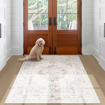 Area Rug 3x5 Washable Taupe Rug Vintage Boho Medallion Entryway Door Mat Entrance Distressed Retro Carpet Non Slip Low Pile Small Soft for Office Kitchen Bedroom Laundry Bathroom Hallway