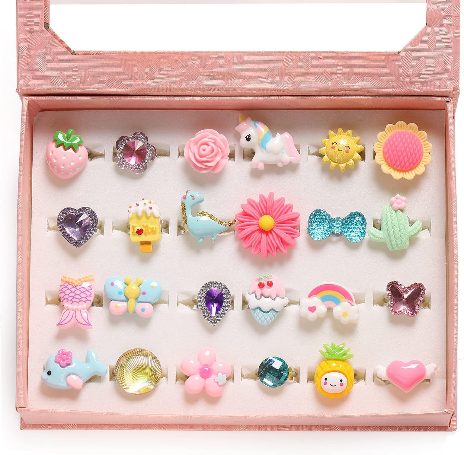 Little Girl Jewel Rings, SKADE 24 Pcs in Box Lovely Adjustable No Duplication Pretend Dress Up Play Party Favors Ring for 3-12 Year Old Kids