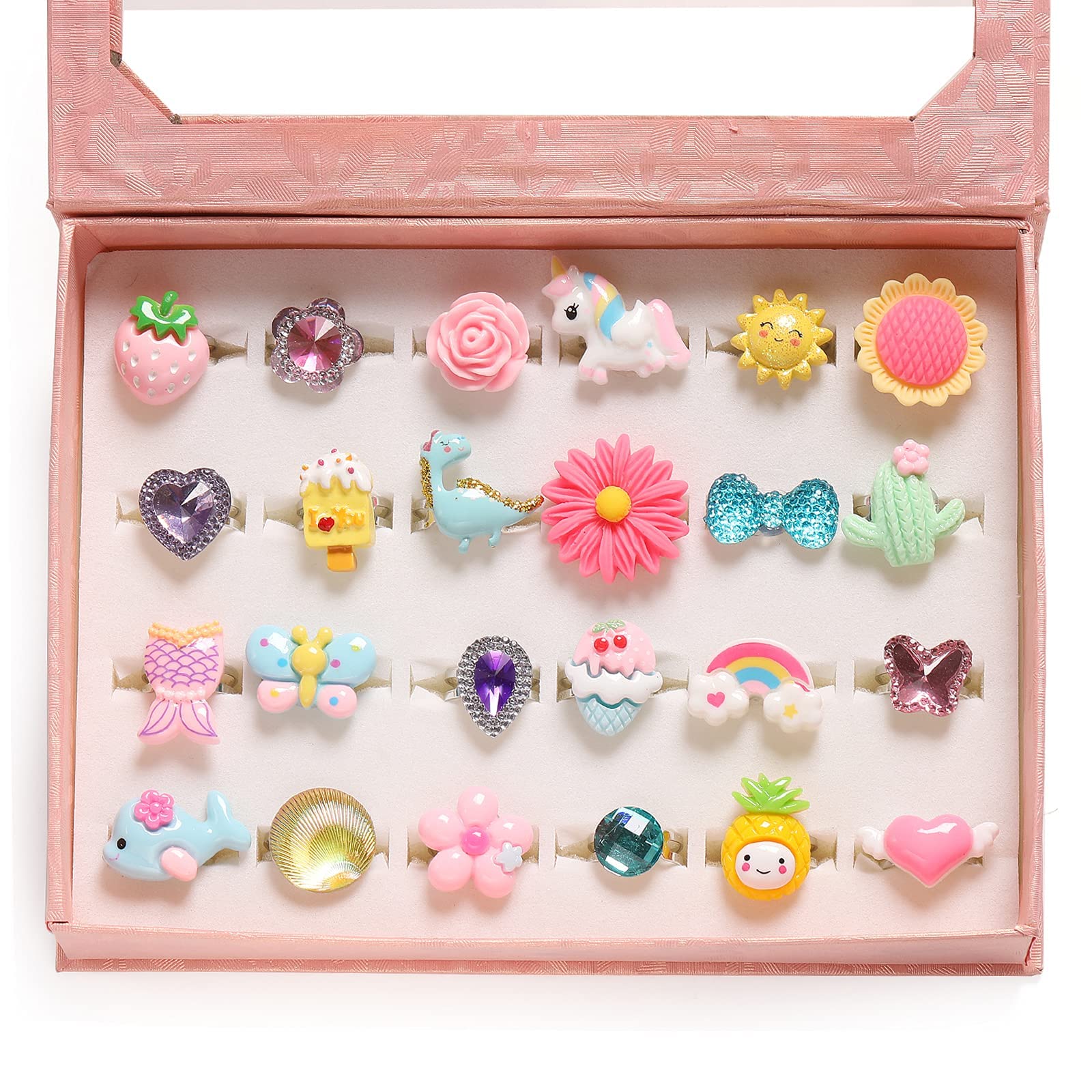 Little Girl Jewel Rings, SKADE 24 Pcs in Box Lovely Adjustable No Duplication Pretend Dress Up Play Party Favors Ring for 3-12 Year Old Kids