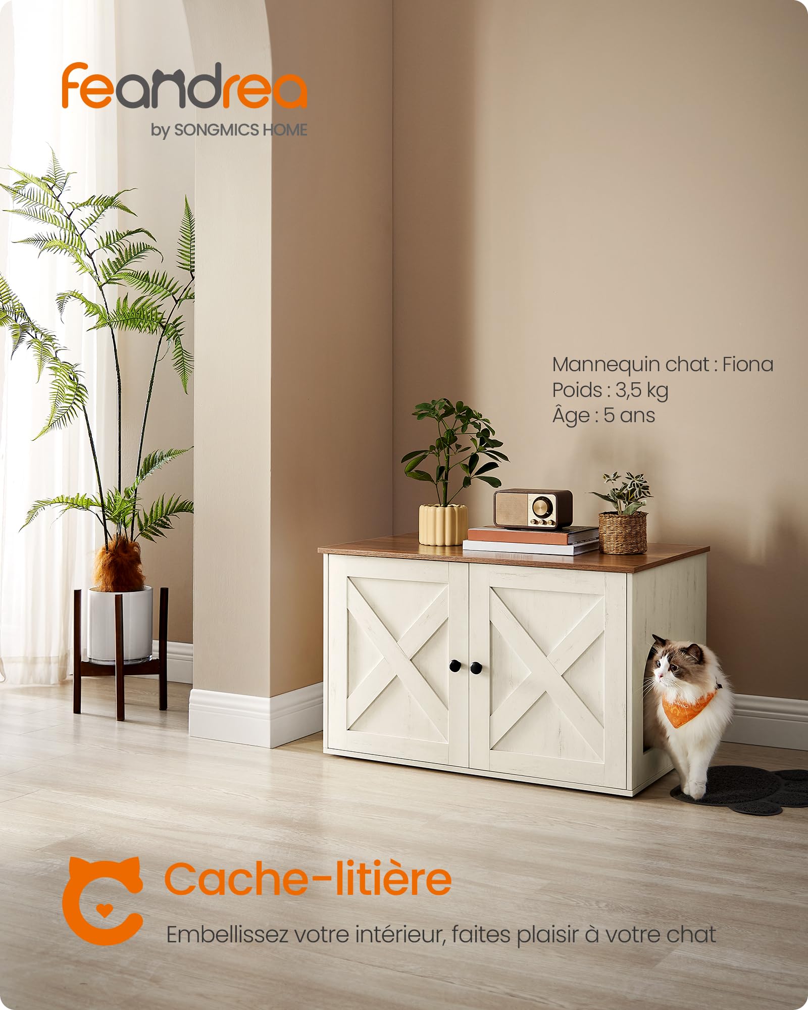 Feandrea Maison de Toilettes pour Chat, Niche, Meuble Litière Chat, avec Séparateur Amovible, Cache-litière, Table Basse, 80 x 53 x 50 cm, Marron Miel et Blanc Rustique PCL002P01V1