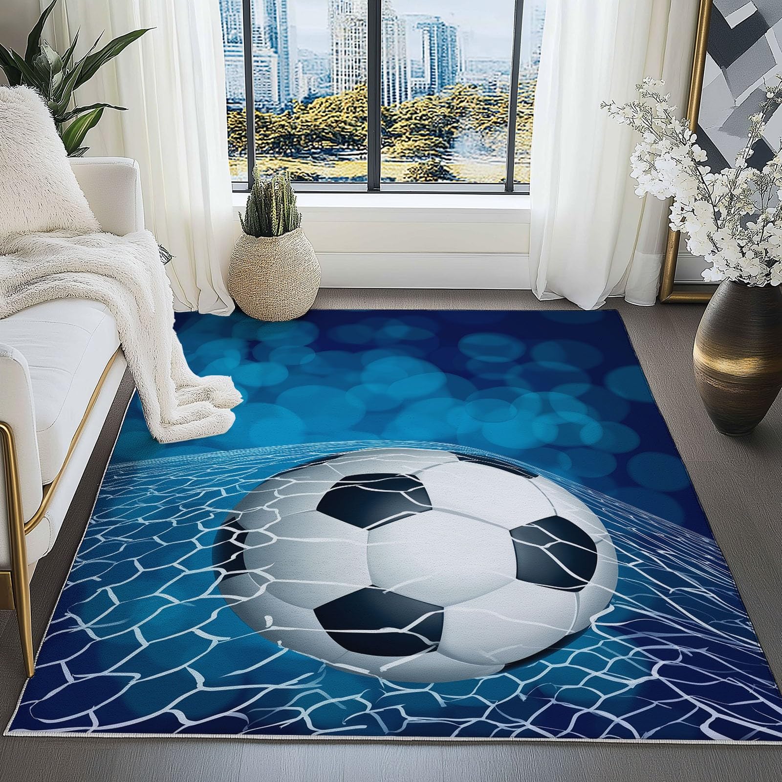 Generisch rutschfest Teppich für Wohnzimmer 120 x 160 cm, Sport Leichtathletik Fußball Flanell Teppich Kurzflor Weich Waschbare Teppiche für Schlafzimmer Kinderzimmer Esszimmer Flur Wohnkultur, Blau