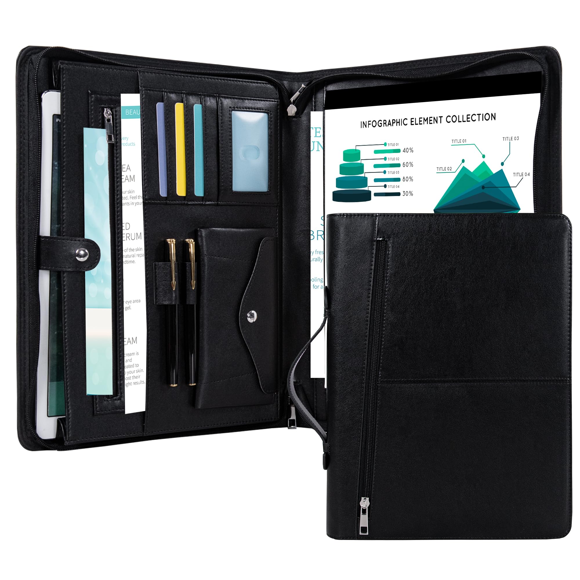 Calfinder Portfolio with Handle, Leather Padfolio for Men,Leather Binder with Zipper,Business Portfolio Organizer for Women fit 12.9" ipad,A4 Notepad