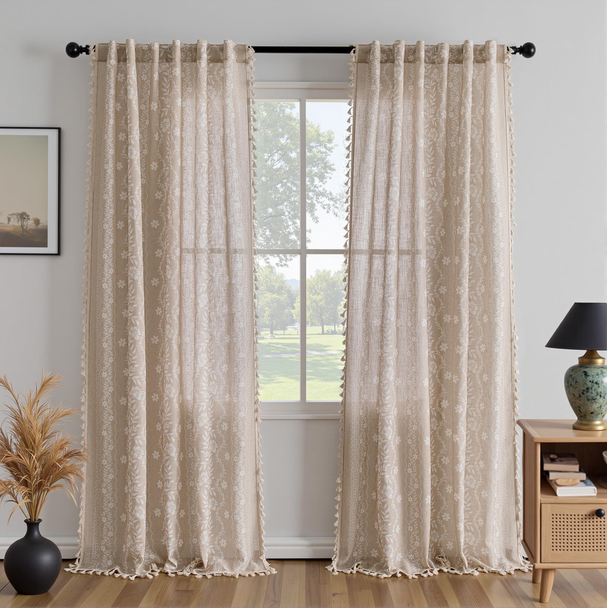 MYSKY HOME Fog Taupe Boho Floral Linen Curtains 84 Inch Length for Bedroom