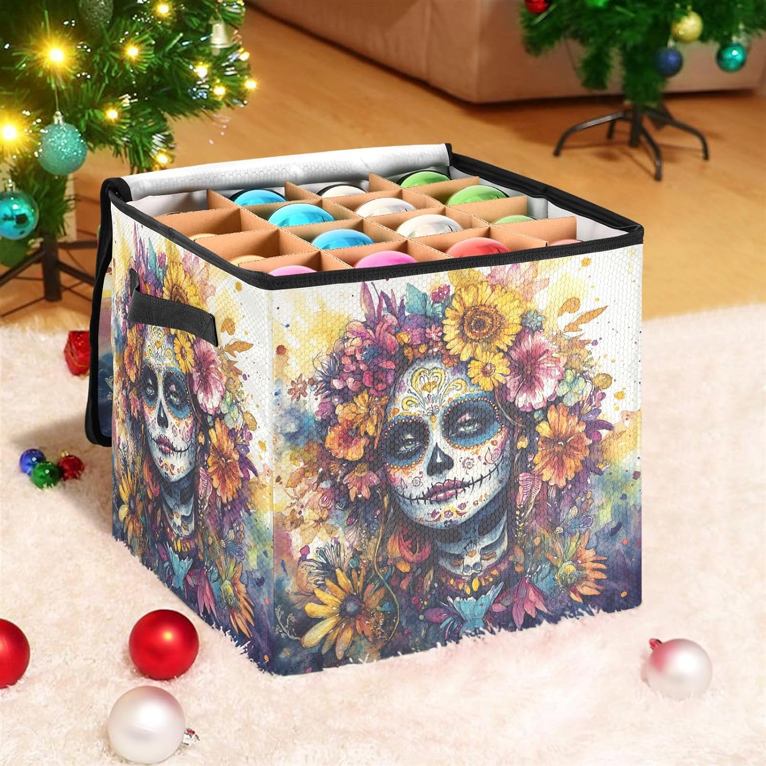 High Capacity Christmas ornament organizer Holds Up to 64, Adjustable Dividers, Zippered Top, Two Handles Foldable Holiday Storage Case with Lid,Dia De Los Muertos Mexican