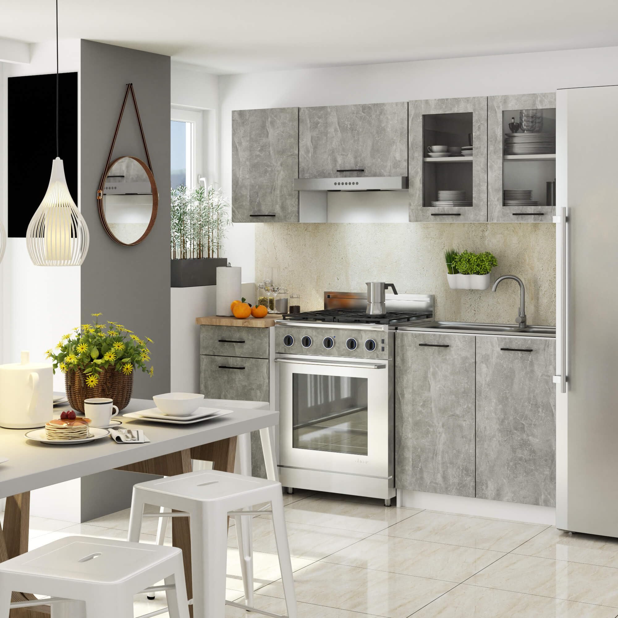 AKORD Küchenmöbel-Set OLIWIA 1.8m Modulares 180 cm 7 Türen 1 Schublade 8 Regalböden, Küche Komplett, Kitchen Cabinet Set, Küchenschränke, Standschränke, B180xH203xT46 cm, Beton & Beton