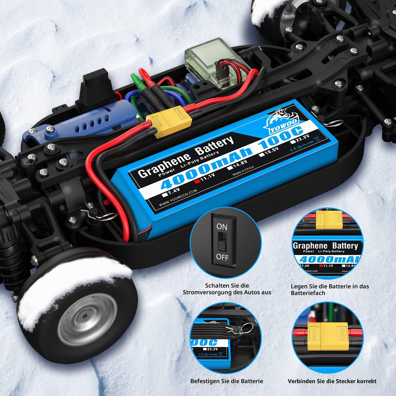 Yowoo 2 Pack 3S Lipo Akku 4000mAh 11.1V 100C Graphen Lipo Batterie mit XT60 Anschluss für RC Auto LKW Boot Flugzeug Hubschrauber Quadcopter (EC3 / Deans/Traxxas/Tamiya)