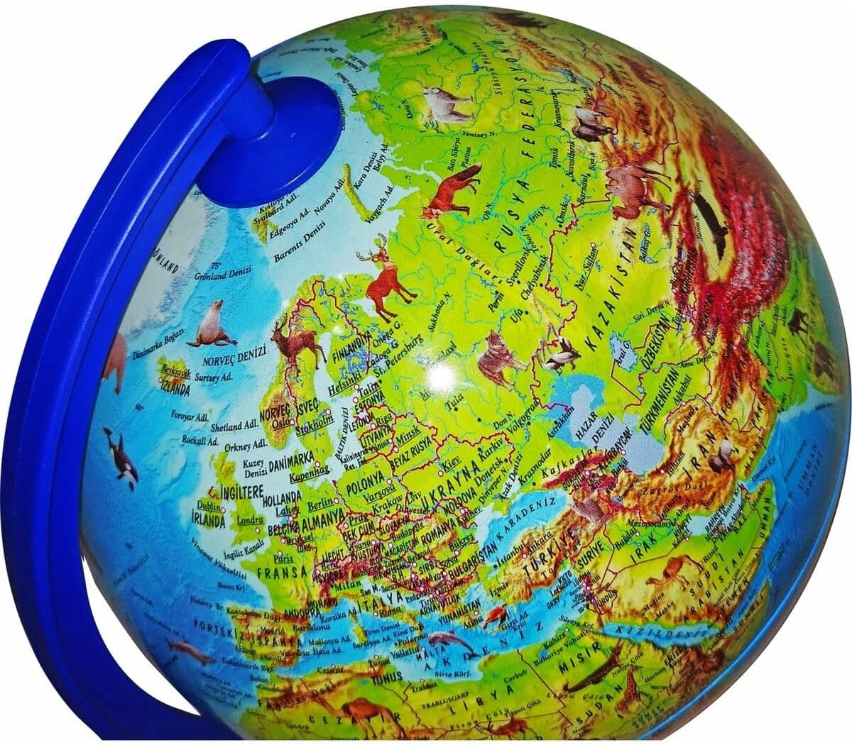 World Globe Physical Animal Without Light 20 Cm Diameter -30 Cm Height - Educational Floor Globe, Blue