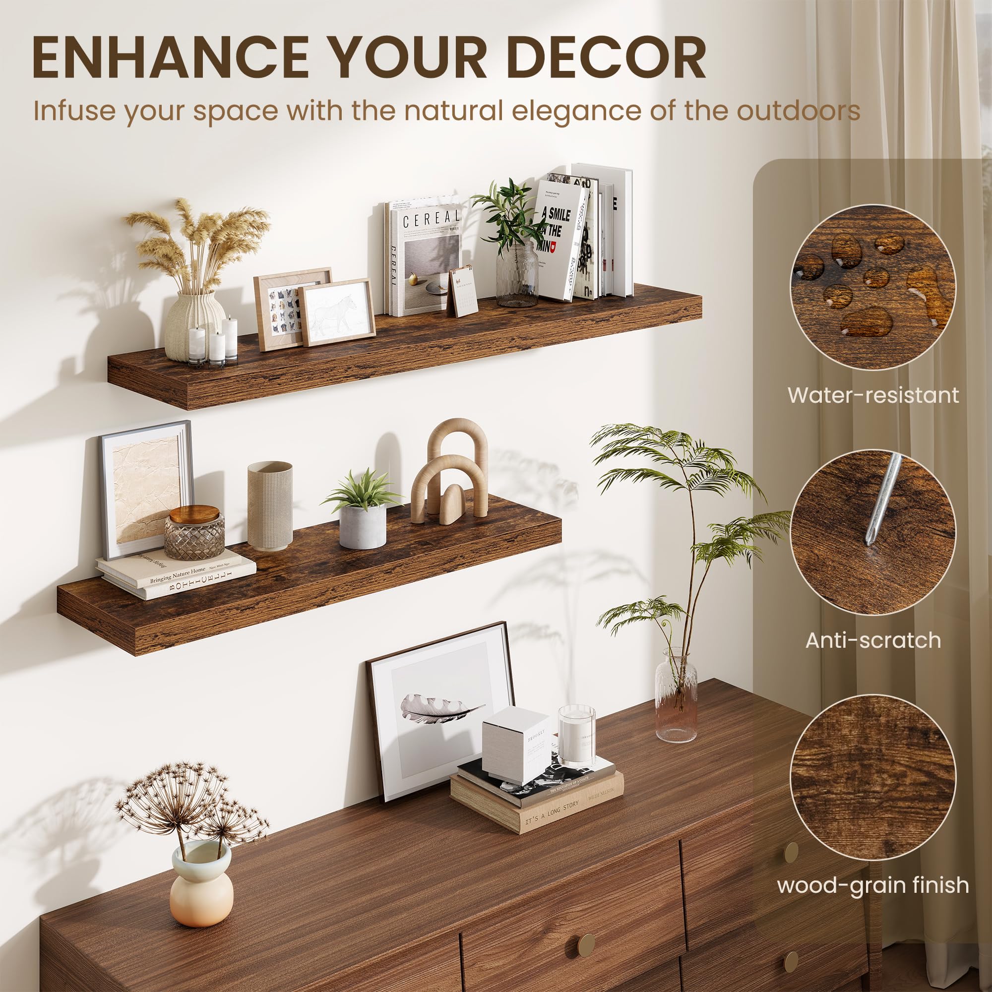 Fun Memories Estantes flotantes para pared de 36 pulgadas, estantes de pared de madera con soporte invisible, estantes de 10 pulgadas de profundidad montados en la pared, estantes flotantes grandes