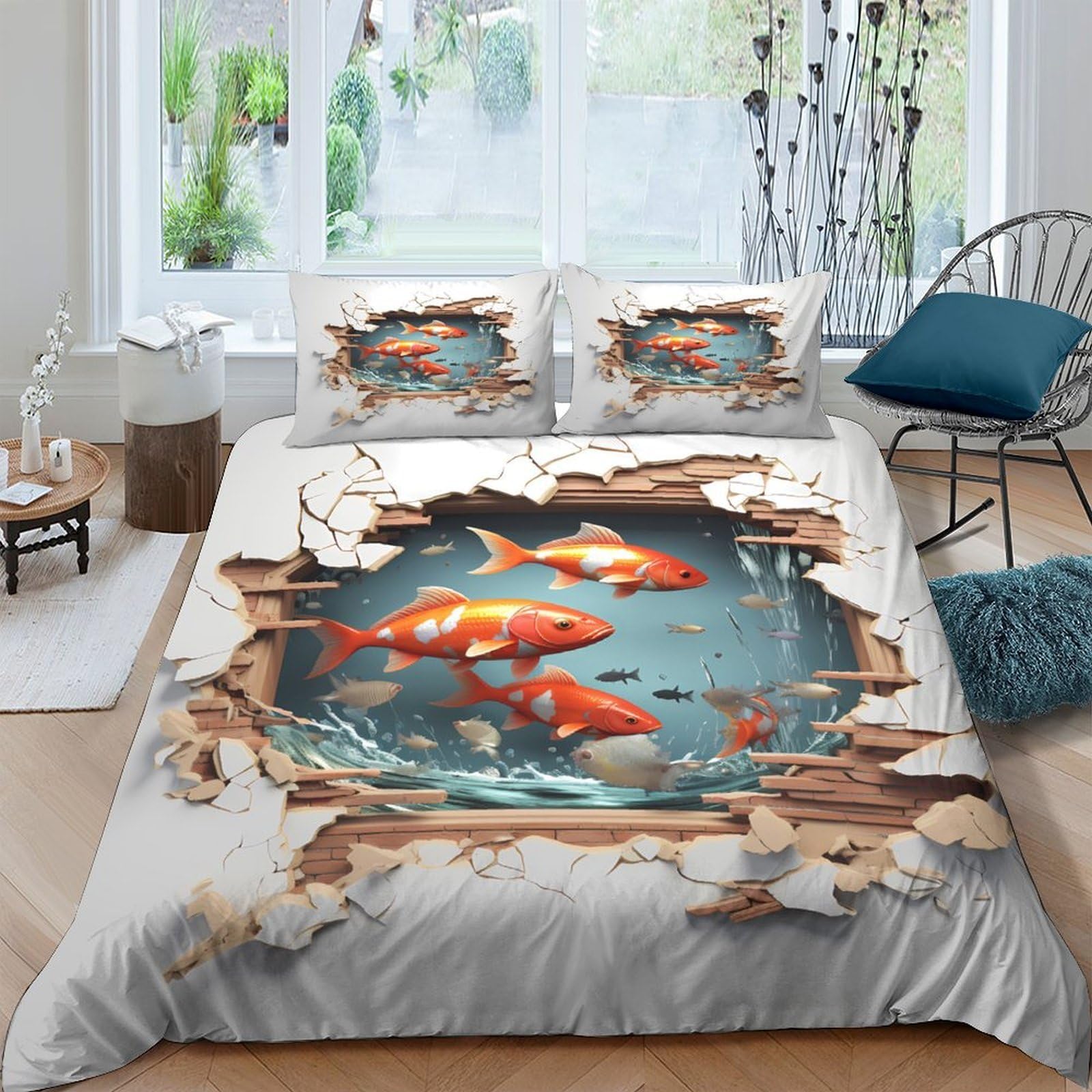 Ctjqhvkz Style-2 3D Printed Goldfish Pond Fitted Sheet Microfiber Soft Anti-Slip Koi Water Bed Cover For Bedroom Guestroom Decor Single（135X200cm）