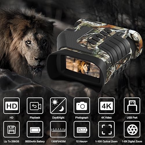 Miniatura 2 de WOSPORTS Gafas de visión nocturna 4K - 10X óptico y zoom digital 8X, rango infrarrojo de 1315 pies, batería recargable de 5000 mAh, IPX impermeable,