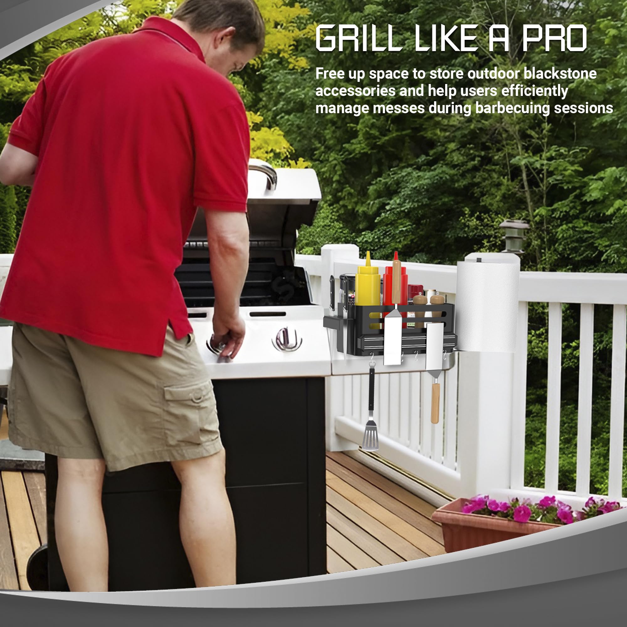 Griddle Caddy with Trash Bag Holder - Grill Magnetic Tool Holder - Grill Caddy for Outdoor - Carbon Steel - BBQ for Outdoor with Paper Towel Holder