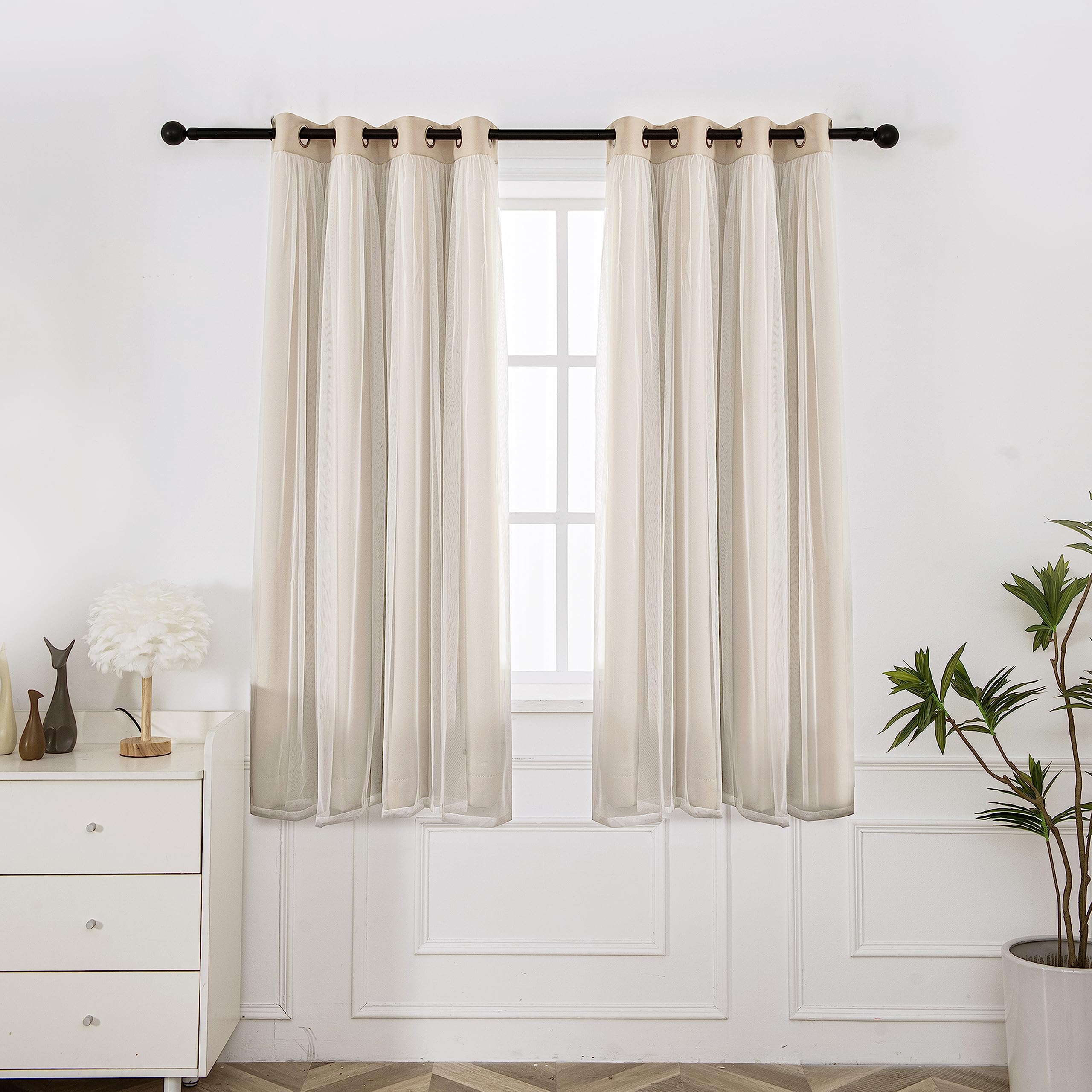INLINAS Beige Blackout Curtains with Sheer Overlay - Grommet Top Thermal and Noise Reduction Panels for Bedroom and Living Room Light Blocking and Energy Saving, 52 x 63 Inches, Set of 2