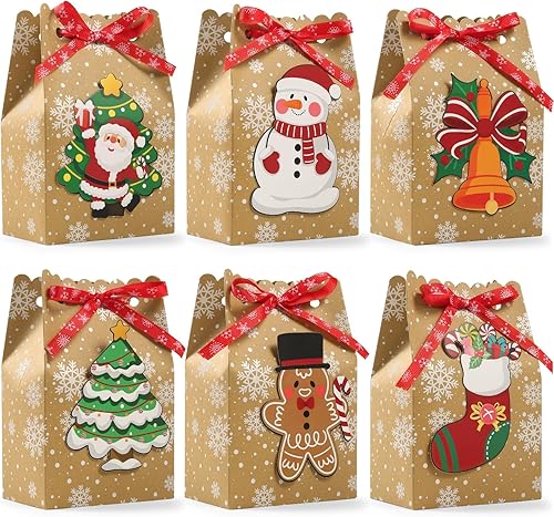 BBPOOL 12 bolsas de regalos de Navidad a granel de papel kraft de Navidad con cintas de copo de nieve, árbol de jengibre, muñeco de nieve, Papá