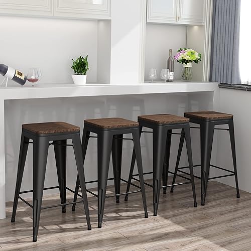 Miniatura 17 de Yongqiang Taburetes de bar de metal de 30 pulgadas, juego de 4 taburetes industriales apilables de altura de barra, taburetes de cocina altos sin