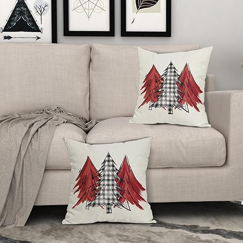 Miniatura 8 de Juego de 2 fundas de almohada con diseño de acuarela para árbol de Navidad de 16 x 16 pulgadas, color rojo, negro y blanco, a cuadros, para