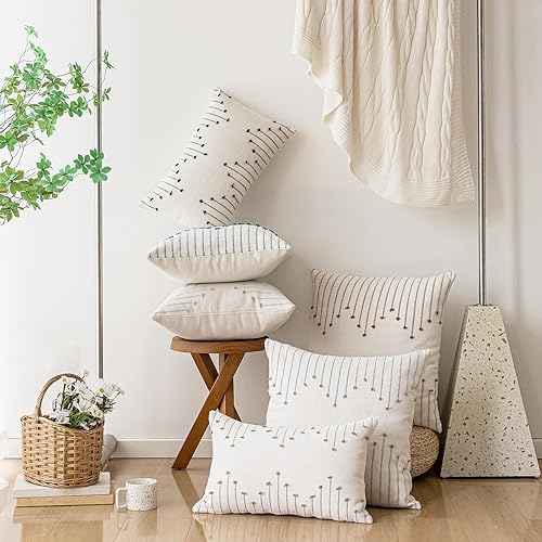 Miniatura 6 de Juego de 2 fundas de almohada bohemias de 20 x 20 pulgadas, fundas de cojín decorativas neutras con textura, fundas de almohada cuadradas modernas