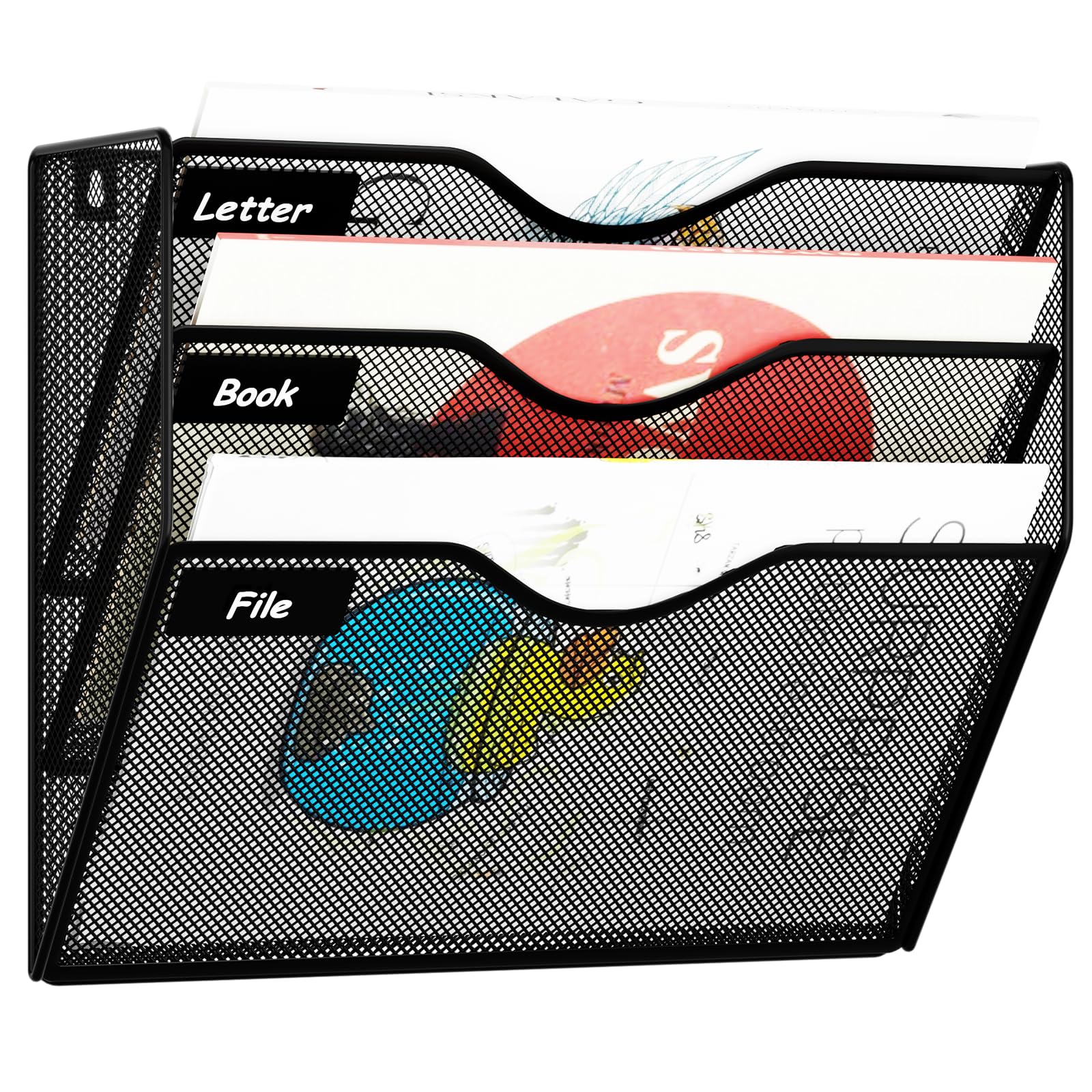 3 Pockets Hanging Wall File Organizer Mail Holder, Wall Mounted Paper Document Folder Holder, Clipboard Storage Organization Magazine Rack, Black